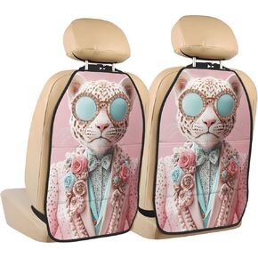 Pink Leopard in Suit and Sunglasses Car Seat Back Kick Protectors,2 Pack Kick Mats with Storage Pockets for Vehicles to Protect from Dirt Mud Scratches