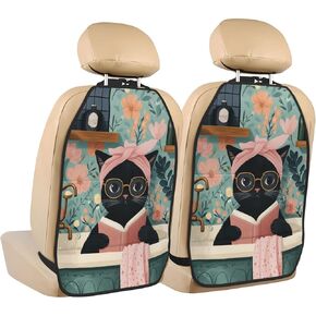 Black Cat Pink Turban in Bathtub Car Seat Back Kick Protectors,2 Pack Kick Mats with Storage Pockets for Vehicles to Protect from Dirt Mud Scratches