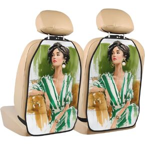 Watercolor Gouache Woman Car Seat Back Kick Protectors,2 Pack Kick Mats with Storage Pockets for Vehicles to Protect from Dirt Mud Scratches