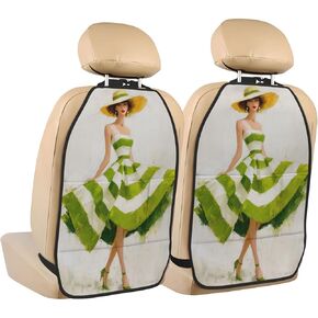 Woman Green White Striped Dress Car Seat Back Kick Protectors,2 Pack Kick Mats with Storage Pockets for Vehicles to Protect from Dirt Mud Scratches