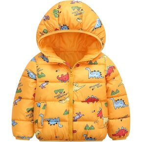 Toddler Boys Hooded Down Coat Cute Dinosaur Print Colorful Jacket Windproof Zip Fashion Outerwear Double Pocket