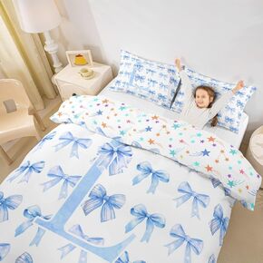 Erosebridal Blue Initial M Kids Comforter Cover Toddler for Girls Coquette Bow Duvet Cover Princess Aesthetic Bedding Set Dreamy Monogram Cartoon Cute Bed Set(M)