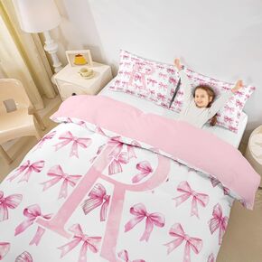 Erosebridal Pink Bow Duvet Cover Toddler Initial Flower Coquette Bow Comforter Cover Teen Girl Bowknot Monogram P Bedding Set Preppy Bows Initial Birthday Gifts for Princess(P)