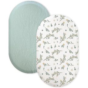 Bassinet Sheet for Baby Boy and Girl 2 Pack, Fitted Sheets for Oval Bassinet Mattress, Muslin Moses Basket Sheets with Neutral Style