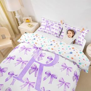 Erosebridal Purple Bow Comforter Cover Toddler for Teen Girls Floral Letter U Duvet Cover Coquette Aesthetic Bowknot Bed Set Girlish Girly Chic Modern Bedding Set for Princess(U)