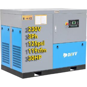 Rotary Screw Air Compressor 30HP / 22KW - 113 CFM @ 125 PSI - 230V / 60Hz / 3-Phase - Heavy Duty Stationary Industrial Air Compressed System Built-in Oil Separator