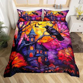 Cat Crow Duvet Cover Toddler Size Halloween Horror Style Comforter Cover for Teens Adults Kids Pumpking Lantern Bedding Set 3D Wild Animal Breathable 2 Pieces Decorative Bed Cover(No Comforter)