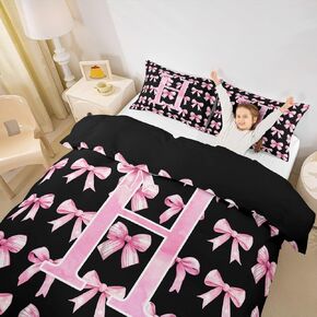 Erosebridal Pink and Black Bow Comforter Cover Toddler for Teen Girls Letter L Duvet Cover with Bow Design Coquette Aesthetic Bowknot Bedding Set Cute Preppy Dreamy Princess Bed Set(L)