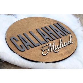 Custom Round Nusery Name Sign, Personalized 3D Baby Name Announcement Sign, Personalized Wooden Wall Plaque, 3D Wall Art for Children & Kids Rooms, Family Name Signs, 30 Colors (Design 5)