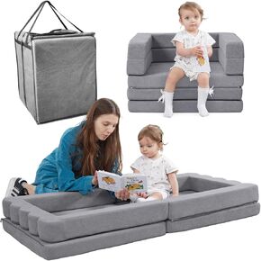 Portable Toddler Travel Bed|3-in-1 Convertible Sofa Bed High-Density Foam Floor Lounger for Kids,Collapsible Napmat with Waterproof Handbag,Foldable Sofa Chair for Camping,Indoor and Outdoor,Gray