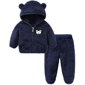 Baby Plush Ear Hooded Coat Tops Pants 2Pcs Outfits Set Infant Winter Fleece Zipper Jacket Boys Snow Boarding Coats