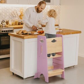 COSYLAND Toddler Standing Tower Adjustable Height - Super Stable Kids Kitchen Stool Helper - 3 Levels Adjustable Wooden Toddler Kitchen Stool (Natural & White)