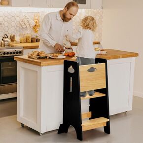 Costyland Toddler Towning Tower Hightable - Super Super Kids Kitch Kitchen Helper - 3 مستويات قابلة للتعديل براز مطبخ خشبي قابلة للتعديل (طبيعي وأبيض) in Kuwait