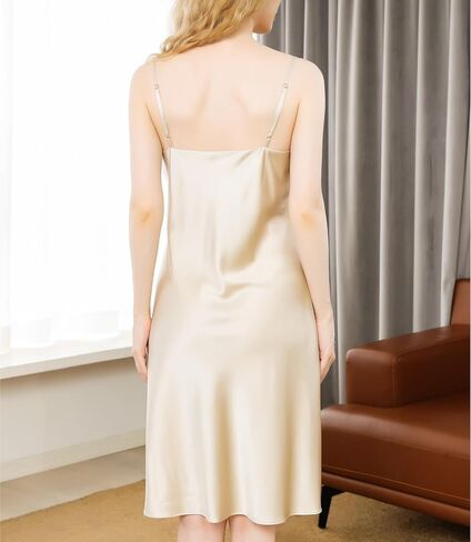 QENSILK Women’s 19 Momme Mulberry Silk Nightgown V-neck Chemise Sleepwear Spaghetti-Strap Nightdress Slip Dress in Kuwait