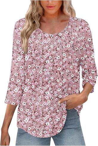 Spring Summer Clothes Womens 3/4 Sleeve Tunic Tops Casual Loose Fit Floral Blouses Ladies Blouse Tees Tshirts Tees in Saudi Arabia
