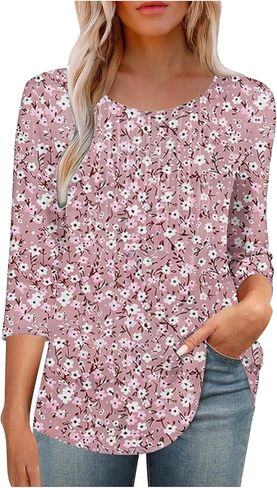 Spring Summer Clothes Womens 3/4 Sleeve Tunic Tops Casual Loose Fit Floral Blouses Ladies Blouse Tees Tshirts Tees in Saudi Arabia