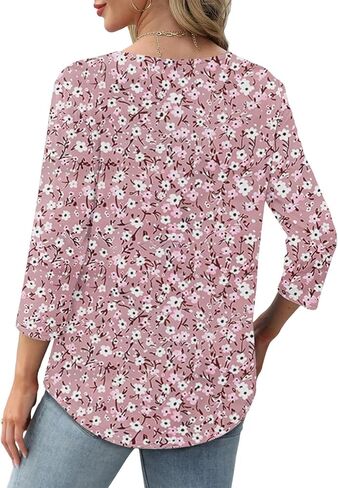 Spring Summer Clothes Womens 3/4 Sleeve Tunic Tops Casual Loose Fit Floral Blouses Ladies Blouse Tees Tshirts Tees in Saudi Arabia