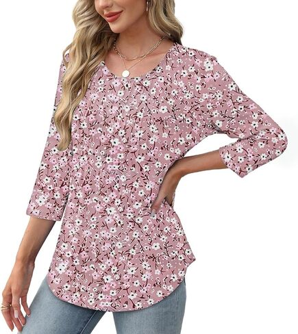 Spring Summer Clothes Womens 3/4 Sleeve Tunic Tops Casual Loose Fit Floral Blouses Ladies Blouse Tees Tshirts Tees in Saudi Arabia