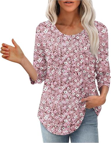 Spring Summer Clothes Womens 3/4 Sleeve Tunic Tops Casual Loose Fit Floral Blouses Ladies Blouse Tees Tshirts Tees in Saudi Arabia