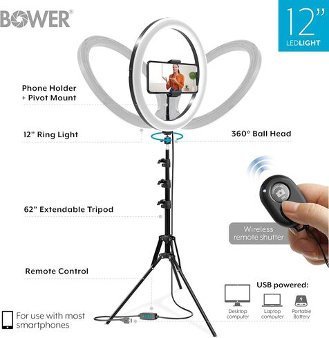 BOWER 12 "Studio Light USB Power Ball-Head Mount 62" Tripod 3 Colorse 10 مستويات السطوع في الخط البعيد (WA-SL12) in Kuwait