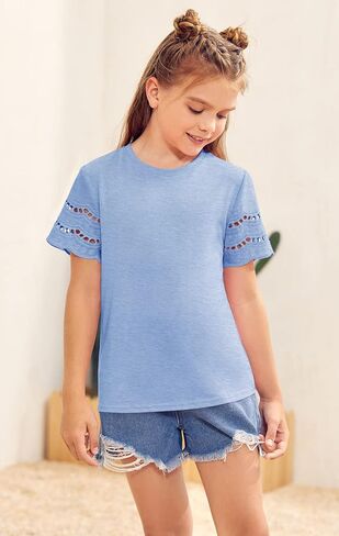 تي شيرت للفتيات من Geckatte بأكمام قصيرة وفتحة رقبة مستديرة للصيف كاجوال سادة أساسي تي شيرت علوي من 5 إلى 14 سنة in Kuwait