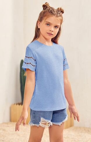 تي شيرت للفتيات من Geckatte بأكمام قصيرة وفتحة رقبة مستديرة للصيف كاجوال سادة أساسي تي شيرت علوي من 5 إلى 14 سنة in Kuwait