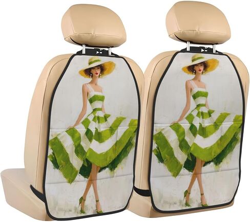 Woman Green White Striped Dress Car Seat Back Kick Protectors,2 Pack Kick Mats with Storage Pockets for Vehicles to Protect from Dirt Mud Scratches in Saudi Arabia