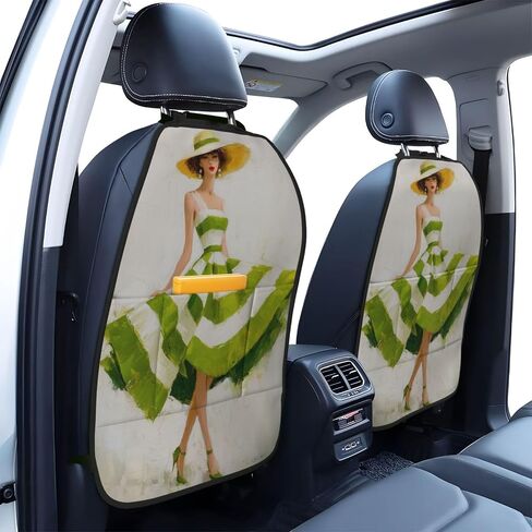 Woman Green White Striped Dress Car Seat Back Kick Protectors,2 Pack Kick Mats with Storage Pockets for Vehicles to Protect from Dirt Mud Scratches in Saudi Arabia