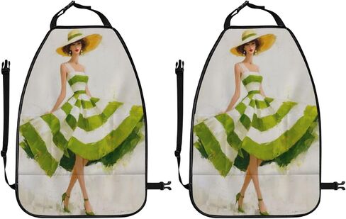 Woman Green White Striped Dress Car Seat Back Kick Protectors,2 Pack Kick Mats with Storage Pockets for Vehicles to Protect from Dirt Mud Scratches in Saudi Arabia