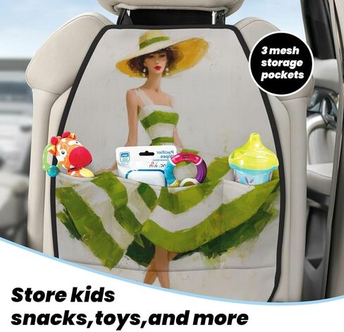 Woman Green White Striped Dress Car Seat Back Kick Protectors,2 Pack Kick Mats with Storage Pockets for Vehicles to Protect from Dirt Mud Scratches in Saudi Arabia