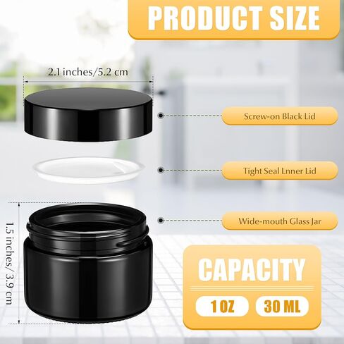 Domensi 60 Pcs 1oz Glass Jars with Lids Bulk Salve Tins Small Glass Candle Jars Cosmetic Jars for Travel with Inner Liners Containers for Lotions Sample Cream(Amber, Black Lid) in Kuwait