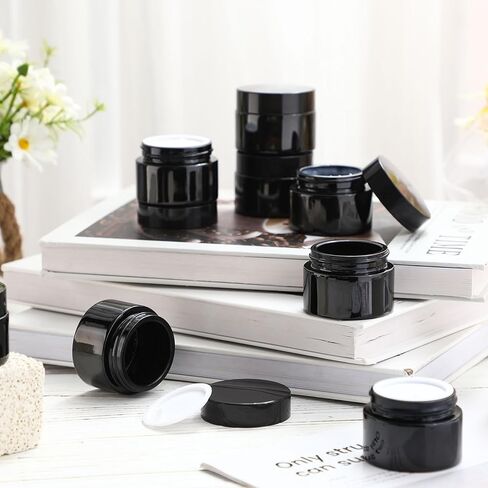 Domensi 60 Pcs 1oz Glass Jars with Lids Bulk Salve Tins Small Glass Candle Jars Cosmetic Jars for Travel with Inner Liners Containers for Lotions Sample Cream(Amber, Black Lid) in Kuwait