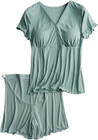 Nursing Pajamas Built In Bra For Women Breastfeeding 2 Piece Ribbed Maternity Pjs Short Sleeve Tops And Shorts Sleepwear in Saudi Arabia