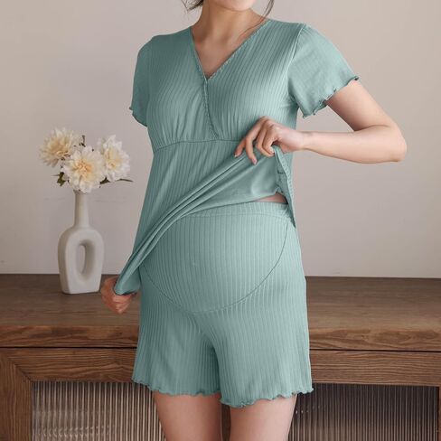 Nursing Pajamas Built In Bra For Women Breastfeeding 2 Piece Ribbed Maternity Pjs Short Sleeve Tops And Shorts Sleepwear in Saudi Arabia