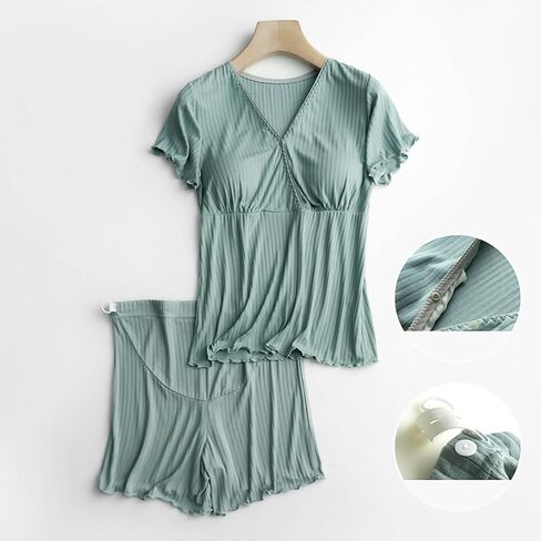 Nursing Pajamas Built In Bra For Women Breastfeeding 2 Piece Ribbed Maternity Pjs Short Sleeve Tops And Shorts Sleepwear in Saudi Arabia