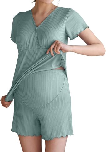 Nursing Pajamas Built In Bra For Women Breastfeeding 2 Piece Ribbed Maternity Pjs Short Sleeve Tops And Shorts Sleepwear in Saudi Arabia