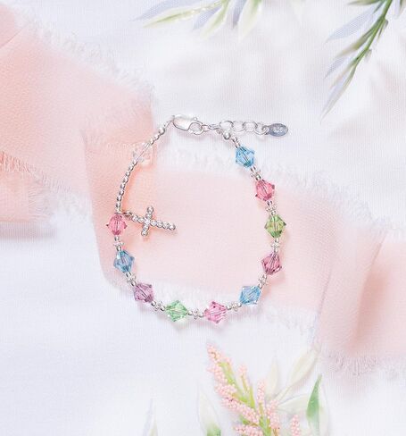 Children's Sterling Silver First Communion Rosary Bracelet with High End Crystals and CZ Cross (6-6.5") in Kuwait
