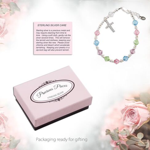 Children's Sterling Silver First Communion Rosary Bracelet with High End Crystals and CZ Cross (6-6.5") in Kuwait