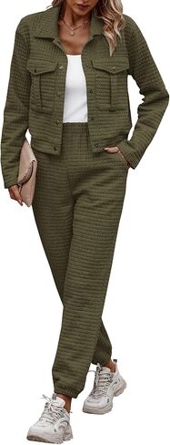 PRETTYGARDEN Womens 2023 Fall 2 Piece Outfits Tracksuit Long Sleeve Button Down Shacket Jacket Pockets Long Pants Casual Set in Saudi Arabia