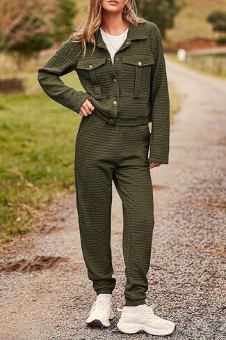 PRETTYGARDEN Womens 2023 Fall 2 Piece Outfits Tracksuit Long Sleeve Button Down Shacket Jacket Pockets Long Pants Casual Set in Saudi Arabia