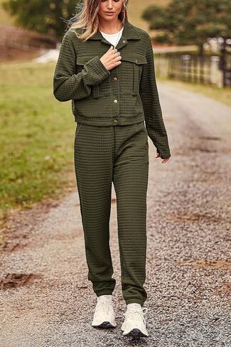 PRETTYGARDEN Womens 2023 Fall 2 Piece Outfits Tracksuit Long Sleeve Button Down Shacket Jacket Pockets Long Pants Casual Set in Saudi Arabia