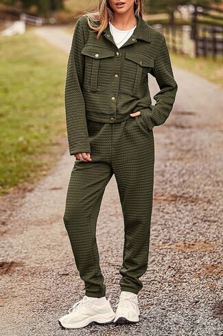 PRETTYGARDEN Womens 2023 Fall 2 Piece Outfits Tracksuit Long Sleeve Button Down Shacket Jacket Pockets Long Pants Casual Set in Saudi Arabia