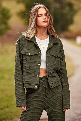 PRETTYGARDEN Womens 2023 Fall 2 Piece Outfits Tracksuit Long Sleeve Button Down Shacket Jacket Pockets Long Pants Casual Set in Saudi Arabia