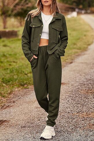 PRETTYGARDEN Womens 2023 Fall 2 Piece Outfits Tracksuit Long Sleeve Button Down Shacket Jacket Pockets Long Pants Casual Set in Saudi Arabia