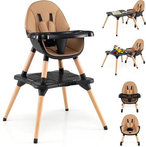 HONEY JOY Baby High Chair, 5-in-1 Convertible Wooden Highchair for Babies and Toddlers/Table and Chair Set/Booster Seat with Safety Harness, 4-Position Removable Feeding Tray (Coffee) in Saudi Arabia