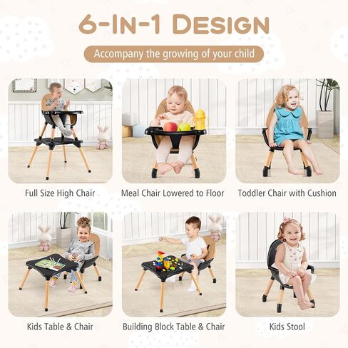 HONEY JOY Baby High Chair, 5-in-1 Convertible Wooden Highchair for Babies and Toddlers/Table and Chair Set/Booster Seat with Safety Harness, 4-Position Removable Feeding Tray (Coffee) in Saudi Arabia