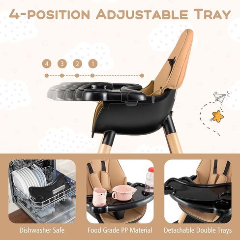 HONEY JOY Baby High Chair, 5-in-1 Convertible Wooden Highchair for Babies and Toddlers/Table and Chair Set/Booster Seat with Safety Harness, 4-Position Removable Feeding Tray (Coffee) in Saudi Arabia
