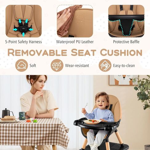HONEY JOY Baby High Chair, 5-in-1 Convertible Wooden Highchair for Babies and Toddlers/Table and Chair Set/Booster Seat with Safety Harness, 4-Position Removable Feeding Tray (Coffee) in Saudi Arabia