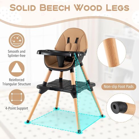HONEY JOY Baby High Chair, 5-in-1 Convertible Wooden Highchair for Babies and Toddlers/Table and Chair Set/Booster Seat with Safety Harness, 4-Position Removable Feeding Tray (Coffee) in Saudi Arabia
