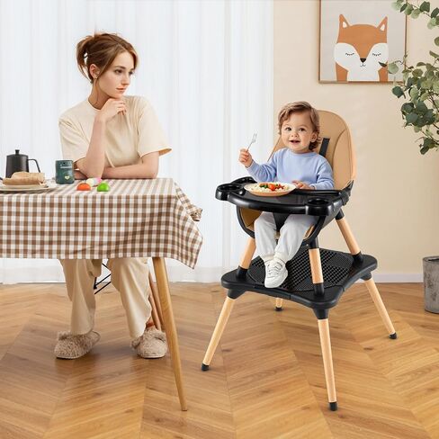 HONEY JOY Baby High Chair, 5-in-1 Convertible Wooden Highchair for Babies and Toddlers/Table and Chair Set/Booster Seat with Safety Harness, 4-Position Removable Feeding Tray (Coffee) in Saudi Arabia